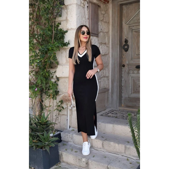 Kadın Kısa Kollu V Yakalı Yandan şerit Ve Yırtmaçlı Viskon Uzun Elbise