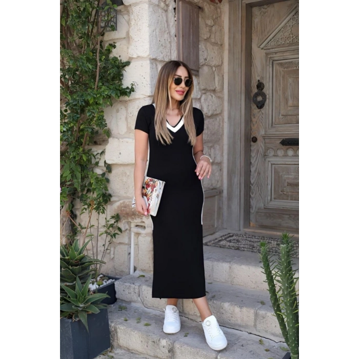 Kadın Kısa Kollu V Yakalı Yandan şerit Ve Yırtmaçlı Viskon Uzun Elbise