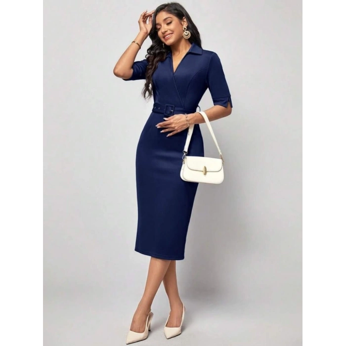 Kadın Kısa Kollu Yakalı Kruvaze Yakalı Beli Kemerli Midi Modal Elbise
