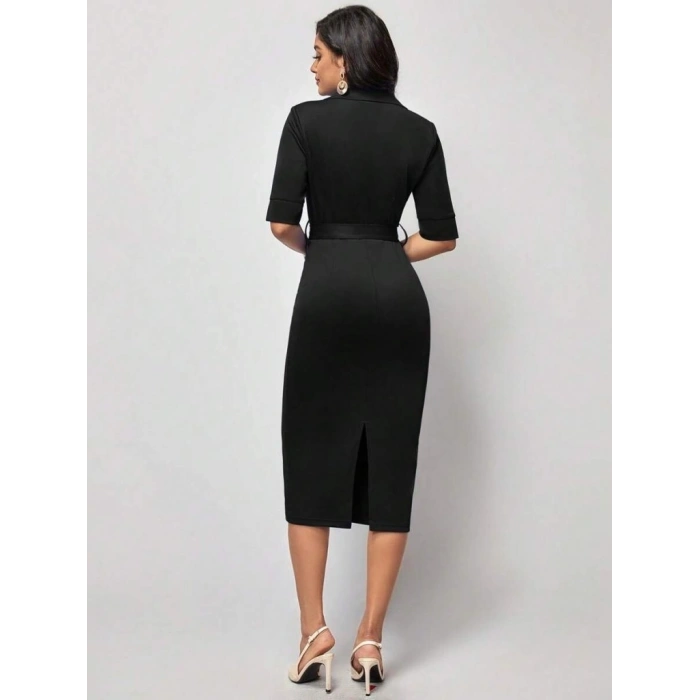 Kadın Kısa Kollu Yakalı Kruvaze Yakalı Beli Kemerli Midi Modal Elbise