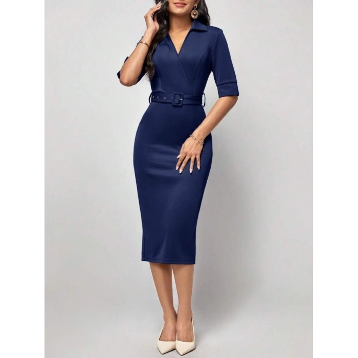 Kadın Kısa Kollu Yakalı Kruvaze Yakalı Beli Kemerli Midi Modal Elbise