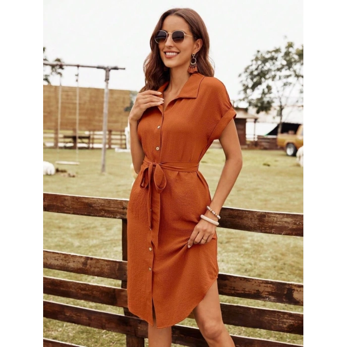 Kadın Kısa Kollu Yakalı önden Düğmeli Beli Kuşaklı Bürümcük Elbise