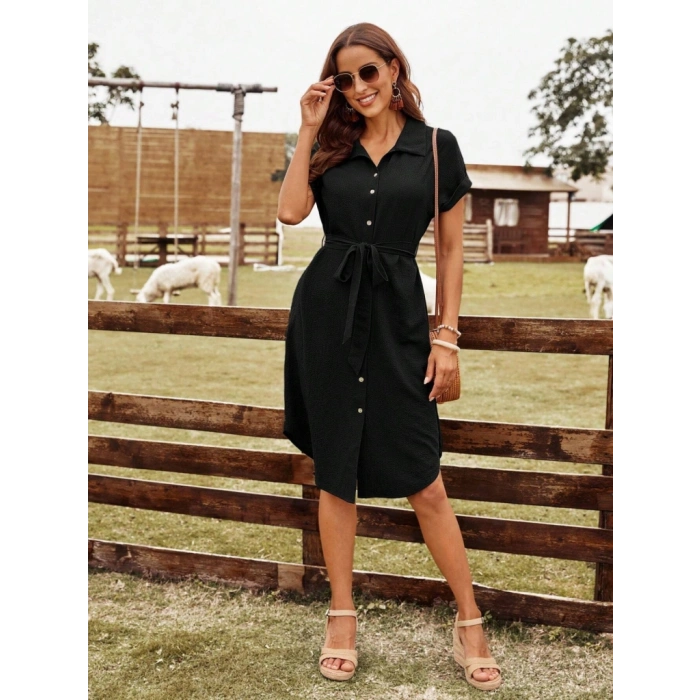 Kadın Kısa Kollu Yakalı önden Düğmeli Beli Kuşaklı Bürümcük Elbise