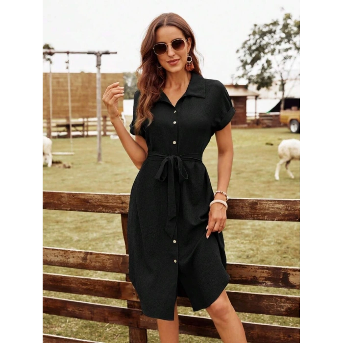 Kadın Kısa Kollu Yakalı önden Düğmeli Beli Kuşaklı Bürümcük Elbise