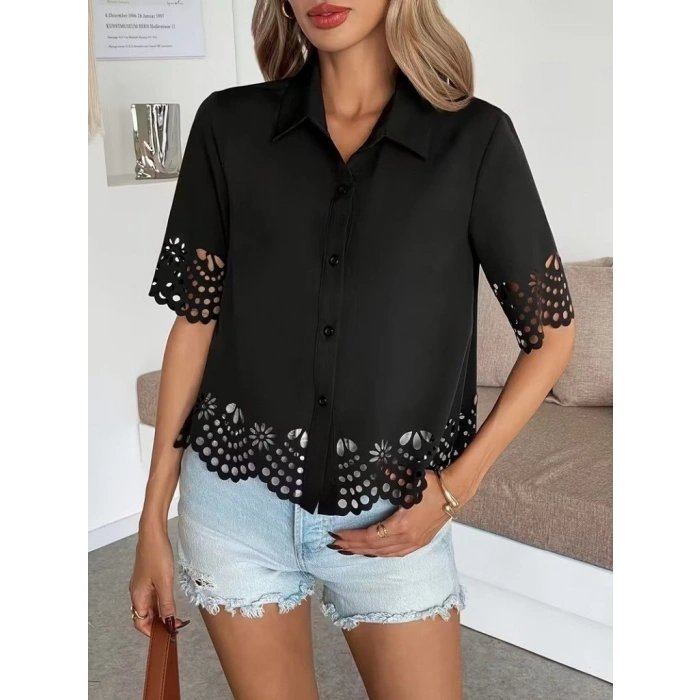 Kadın Kısa Kollu Yakalı önden Düğmeli Dubai Gömlek Bluz