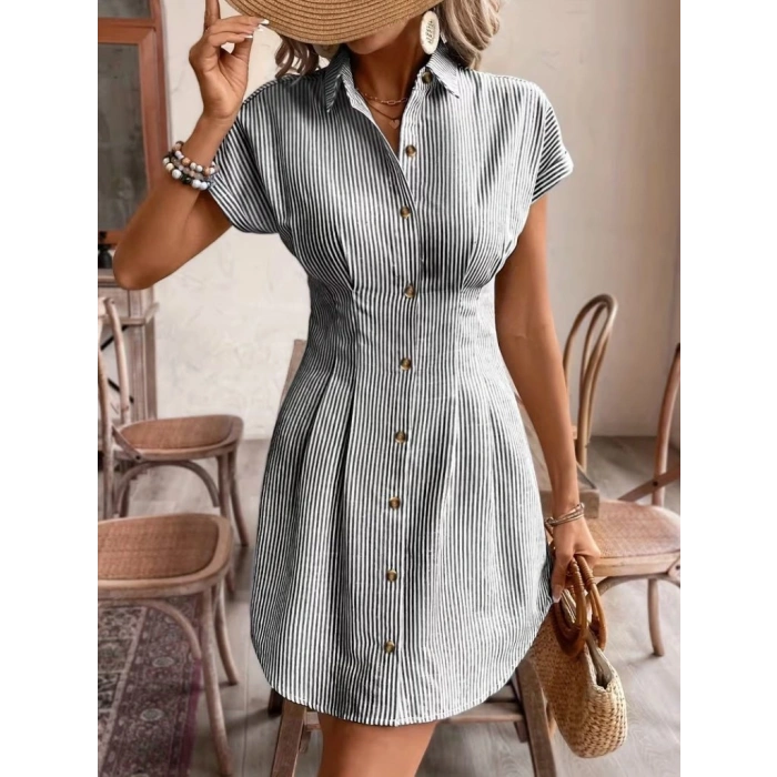 Kadın Kısa Kollu Yakalı önden Düğmeli Kısa Trikoton Elbise