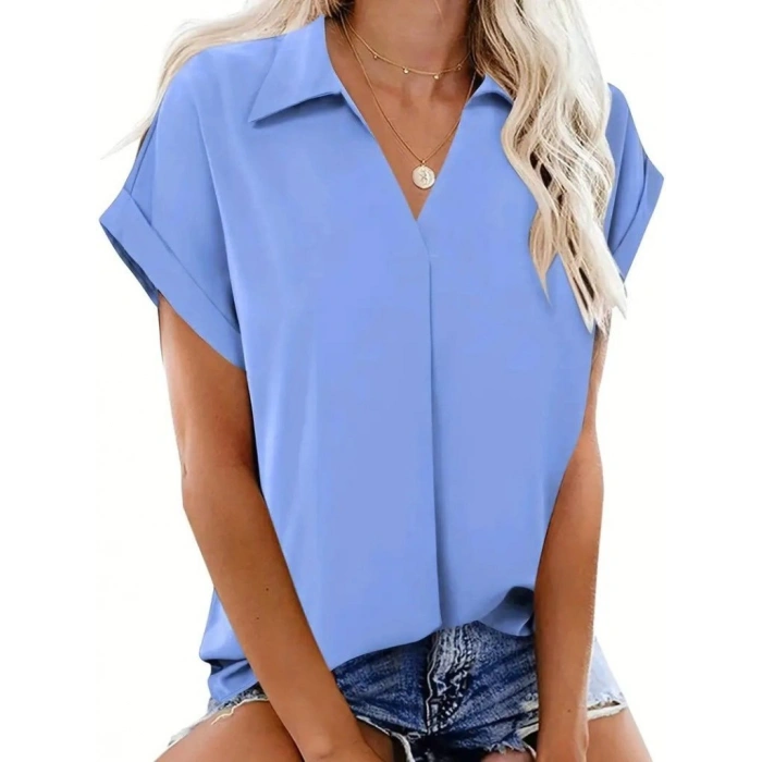 Kadın Kısa Kollu Yakalı Uzun Sandy Bluz