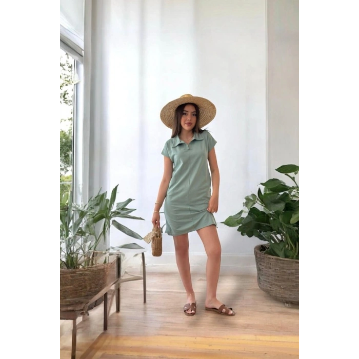 Kadın Kısa Kollu Yakalı Viskon Iki Iplik Elbise