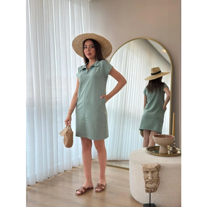 Kadın Kısa Kollu Yakalı Viskon Iki Iplik Elbise