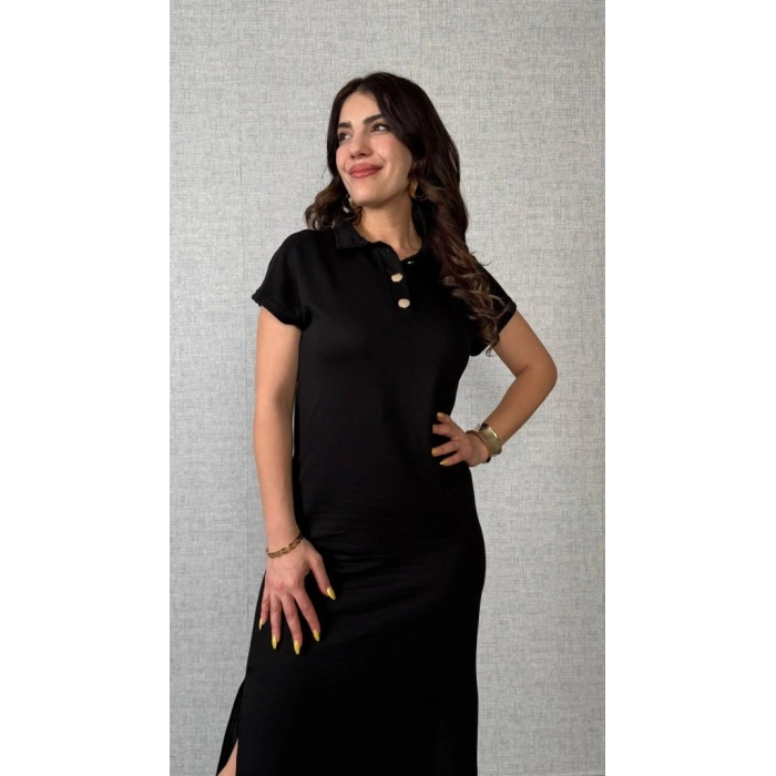 Kadın Kısa Kollu Yakalı Yandan Yırtmaçlı Viskon Iki Iplik Elbise