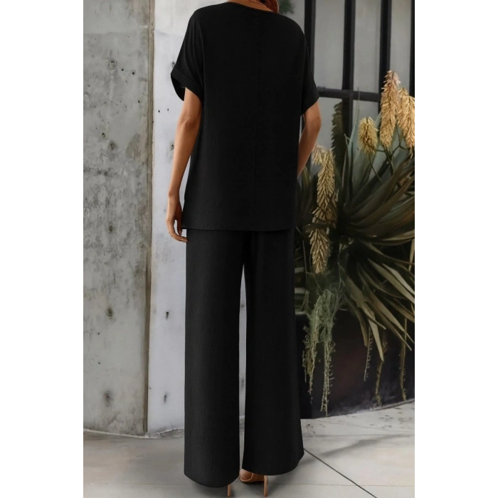 Kadın Kısa Kollu Yakası Açık Aerobin Bluz Ve Pantolon Ikili Takım