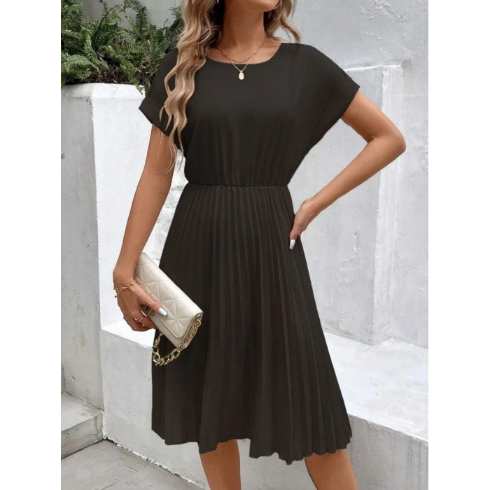Kadın Kısa Kollu Yakası Açık Belden Lastikli Pileli Kısa Ithal Krep Elbise