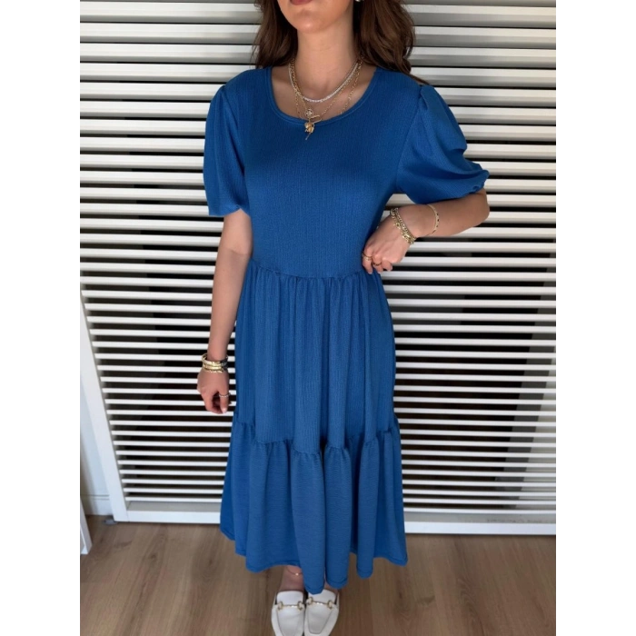 Kadın Kısa Kollu Yakası Açık Katlı Bürümcük Balon Elbise