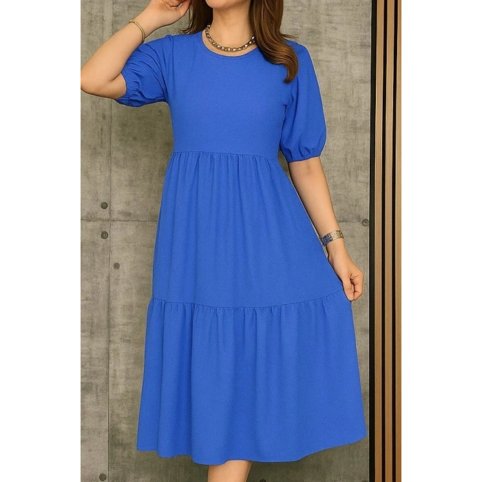 Kadın Kısa Kollu Yakası Açık Katlı Bürümcük Balon Elbise