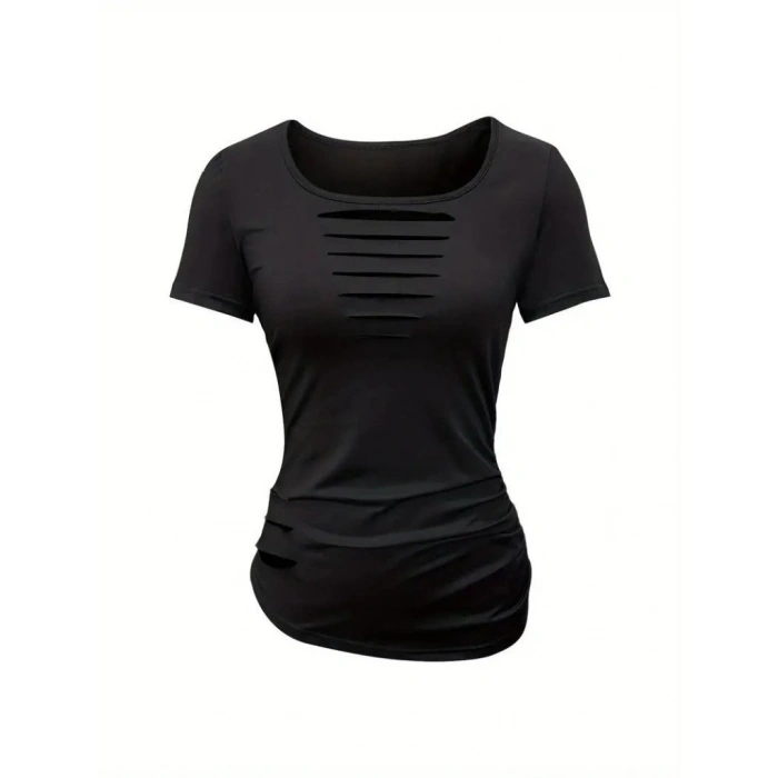 Kadın Kısa Kollu Yakası Açık Lazer Kesik Detaylı Viskon Bluz