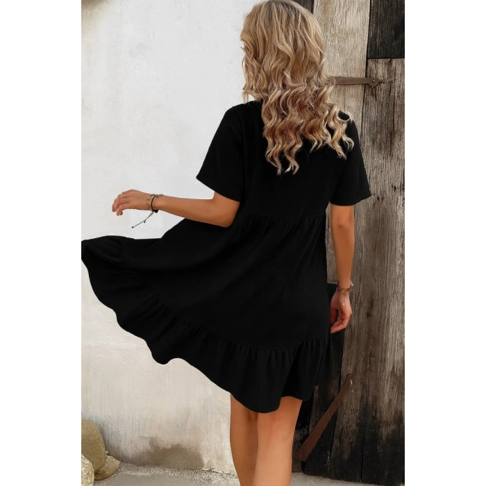 Kadın Kısa Kollu Yakası Bağcıklı önden Düğmeli Fırfır Desenli Süprem Elbise