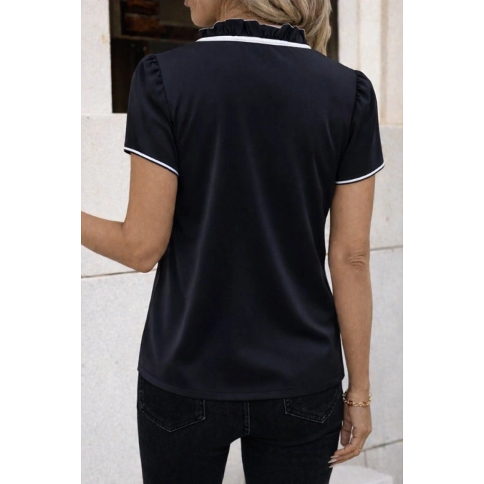 Kadın Kısa Kollu Yakası Fırfırlı Bağcıklı Janjan Krep Bluz