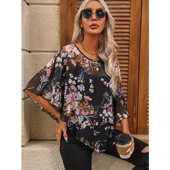 Kadın Kısa Kollu Yuvarlak Yaka çiçek Baskılı Asimetrik Kesim şifon Bluz