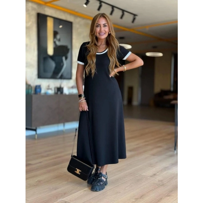 Kadın Kısa Kollu Yuvarlak Yaka Yandan Yırtmaçlı Midi Viskon Elbise