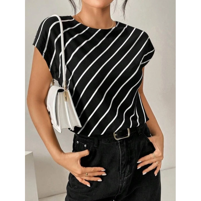 Kadın Kısa Yarasa Kollu Bisiklet Yaka çizgi Desenli Atlas Bluz