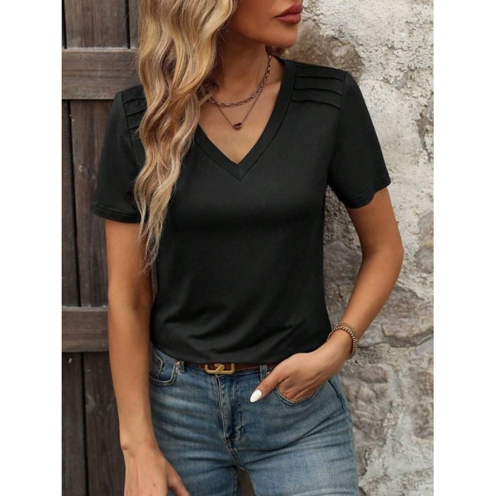 Kadın Kollu V Yakalı Omuzlarda çizgi Detaylı Viskon Bluz