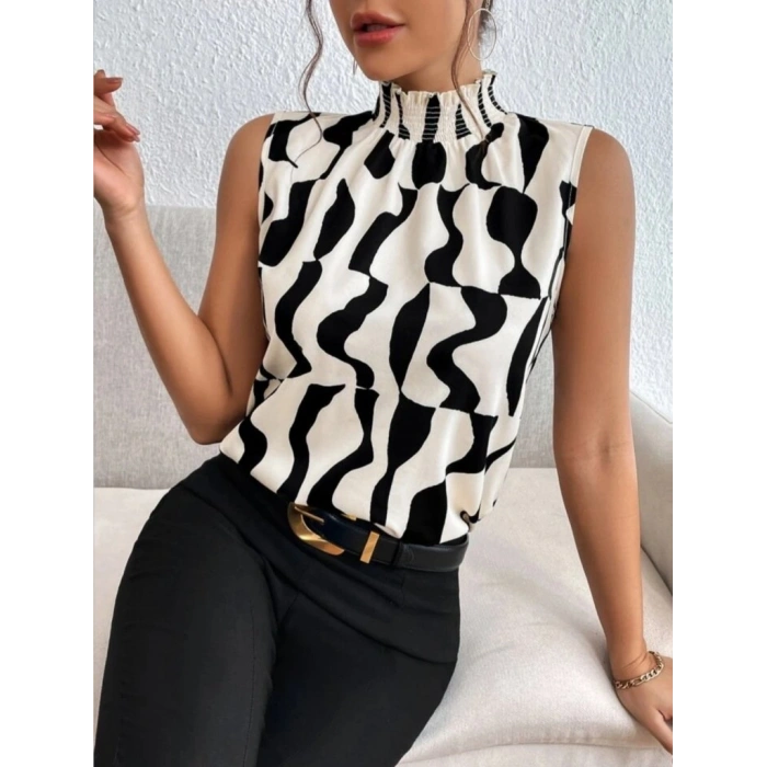 Kadın Kolsuz Balıkçı Yaka Desenli Süprem Bluz