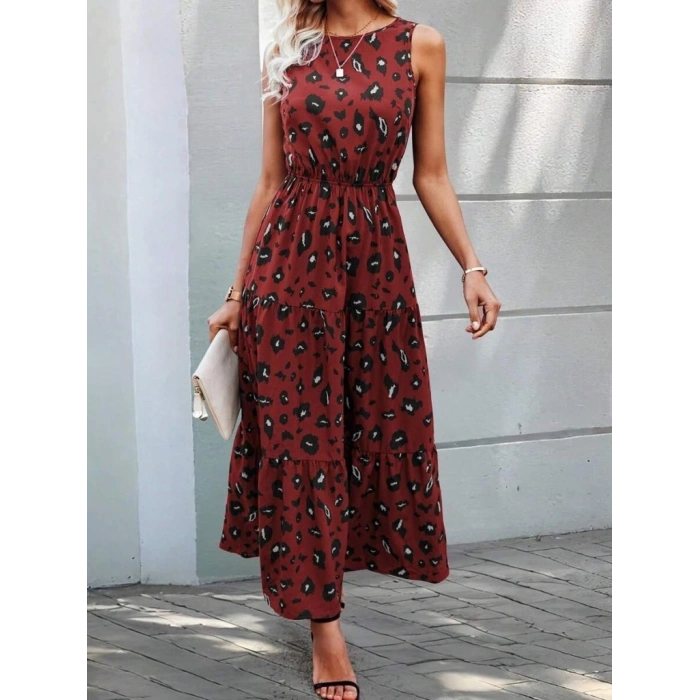 Kadın Kolsuz Bisiklet Yaka Beli Lastikli Desenli Süprem Elbise