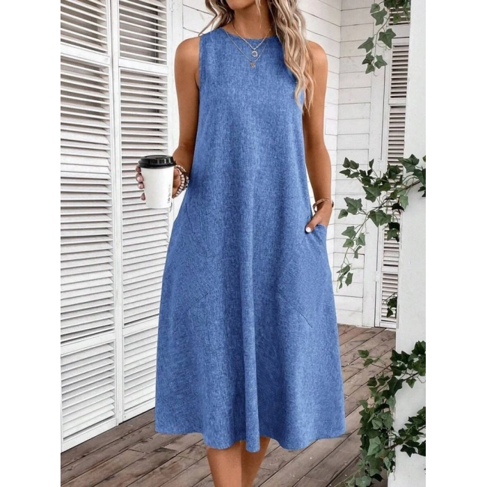 Kadın Kolsuz Bisiklet Yaka Cepli Midi Keten Elbise