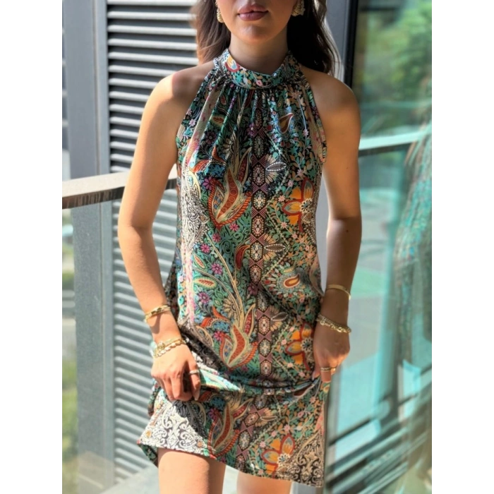 Kadın Kolsuz Boyundan Askılı Desenli Midi Süprem Elbise