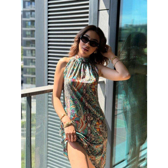 Kadın Kolsuz Boyundan Askılı Desenli Midi Süprem Elbise