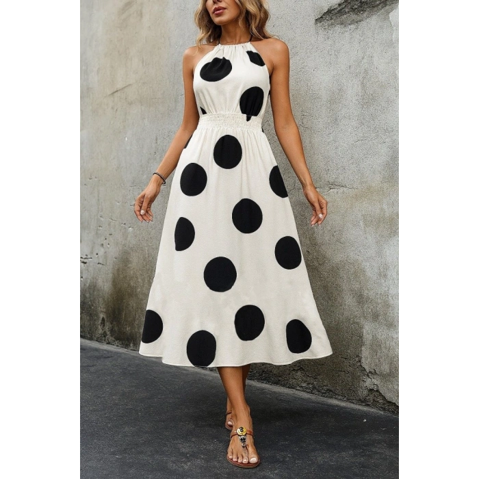 Kadın Kolsuz Boyundan Bağlamalı Beli Lastikli Dijital Baskı Süprem Uzun Elbise