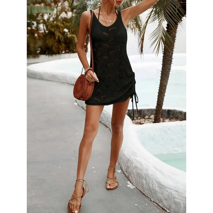 Kadın Kolsuz Derin Oval V Detaylı Iki Yanı Büzgülü Triko Pareo