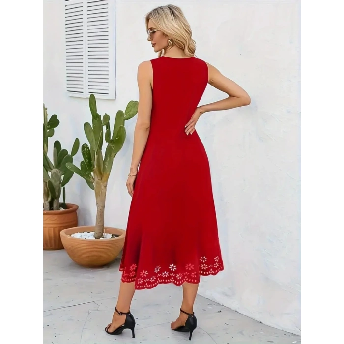 Kadın Kolsuz Etek Ucu Lazer Kesim çiçek Desenli Midi Boy Ithal Krep Elbise