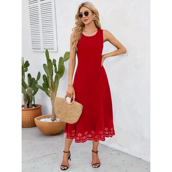 Kadın Kolsuz Etek Ucu Lazer Kesim çiçek Desenli Midi Boy Ithal Krep Elbise