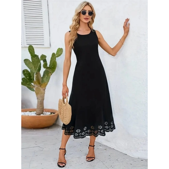 Kadın Kolsuz Etek Ucu Lazer Kesim çiçek Desenli Midi Boy Janjan Krep Elbise