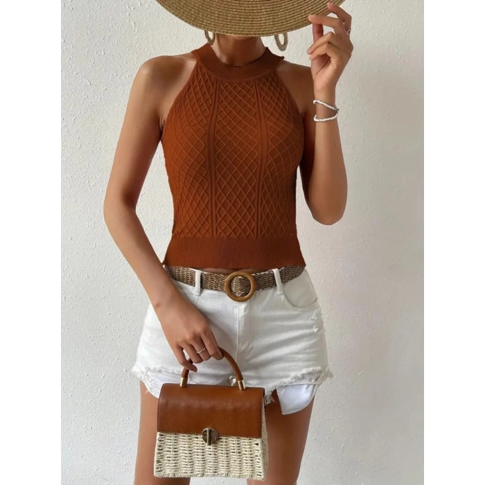 Kadın Kolsuz Halter Yaka Mini Baklava Desenli Triko Bluz