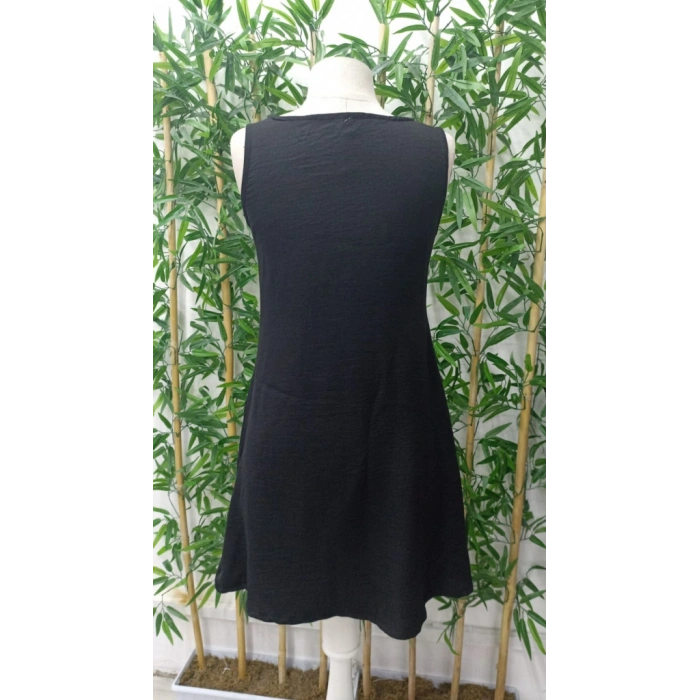 Kadın Kolsuz Kalın Askılı Düğme Detay Cepli Keten Elbise