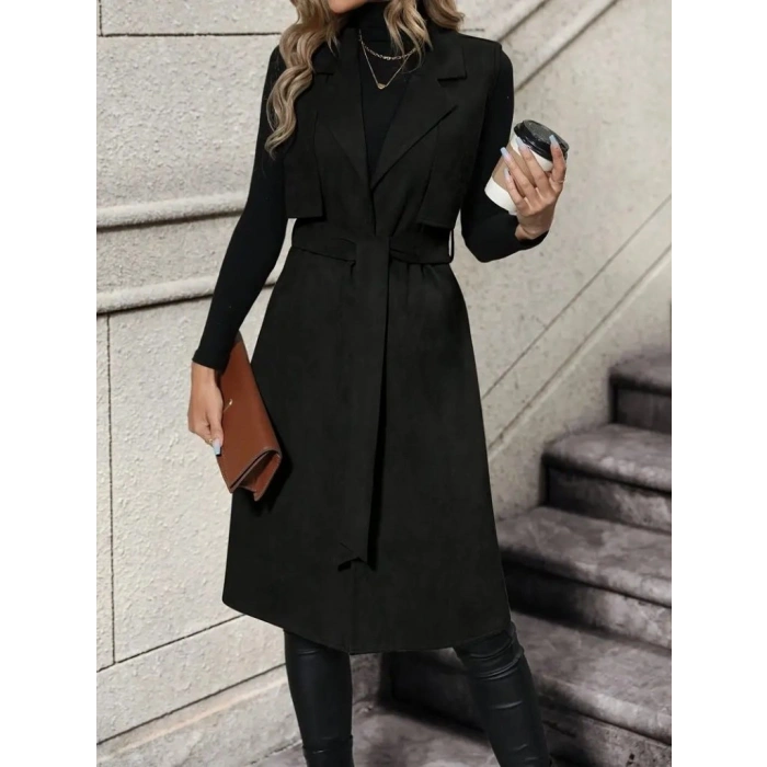 Kadın Kolsuz Yakalı önü Açık Belden Kuşaklı Süet Midi Yelek