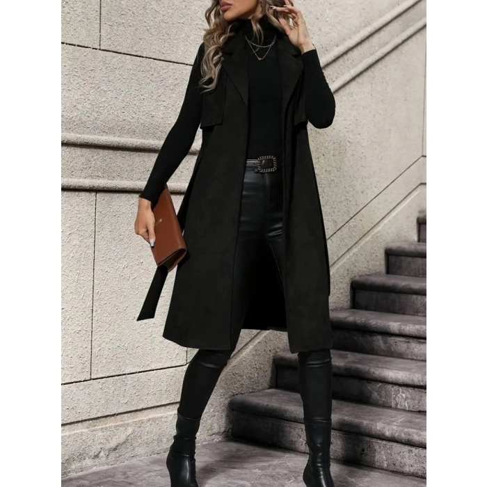 Kadın Kolsuz Yakalı önü Açık Belden Kuşaklı Süet Midi Yelek