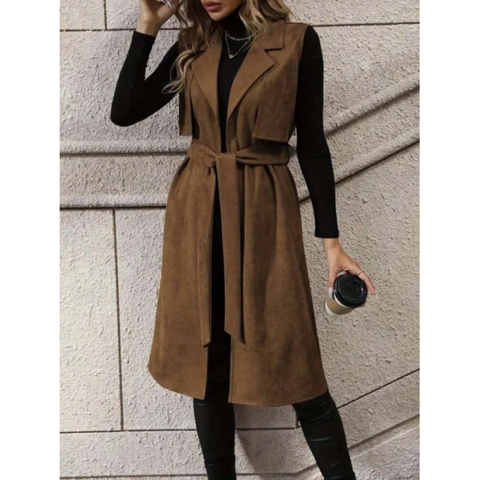 Kadın Kolsuz Yakalı önü Açık Belden Kuşaklı Süet Midi Yelek