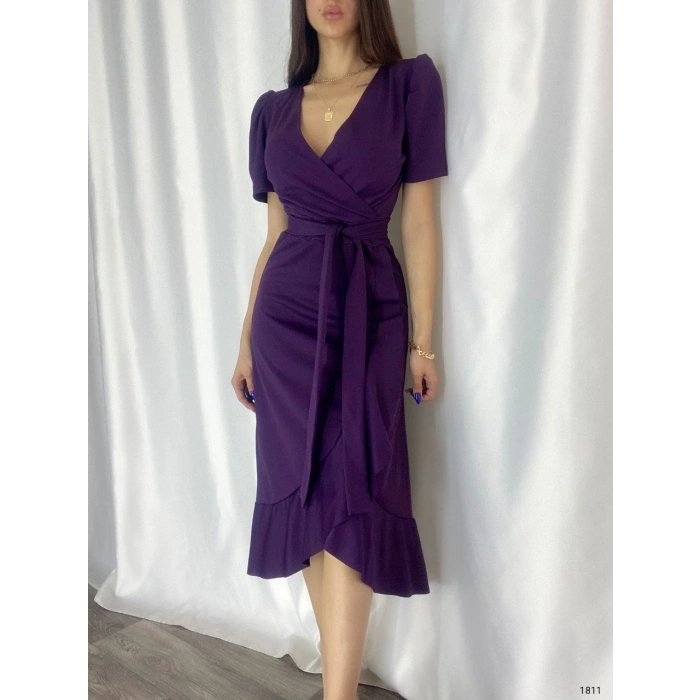 Kadın Kruvaze Yaka Midi Boy Kuşaklı Krep Elbise 120 Cm