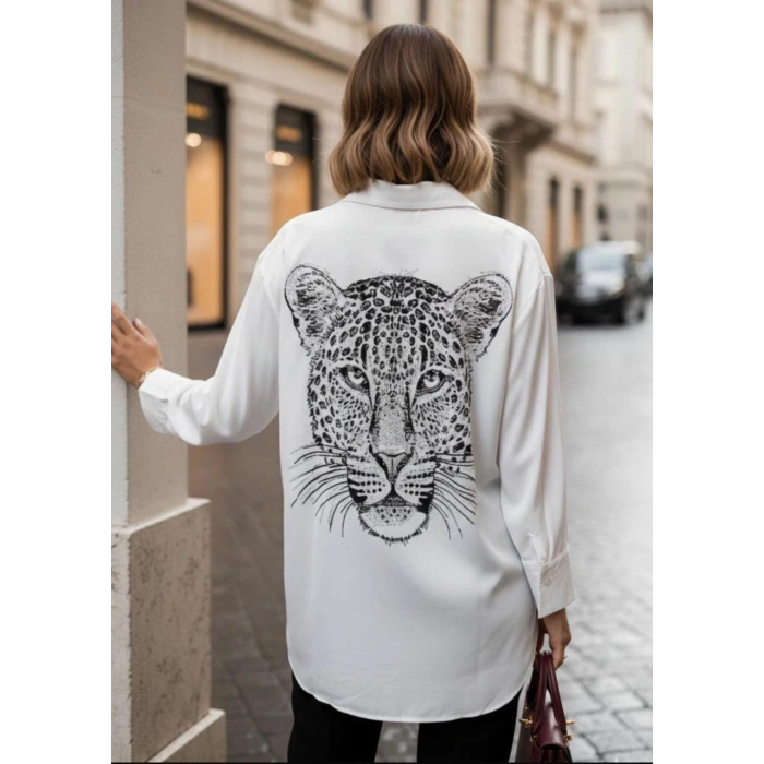 Kadın Leopar Baskılı Taş Işlemeli Jessica Kumaş Gömlek
