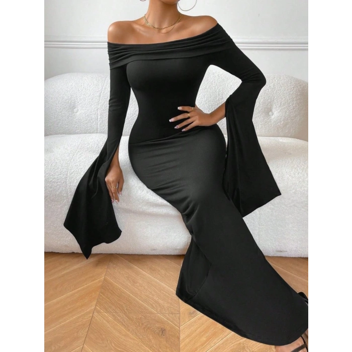 Kadın Madonna Yaka Uzun Yırtmaç Kol Detaylı Uzun Ithal Krep Elbise