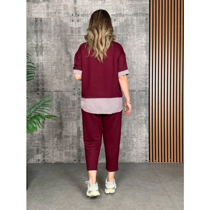 Kadın Modal Kumaş çizgili Gömlek Yaka Ikili Takım