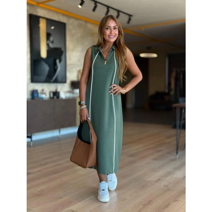 Kadın Modal Kumaş şerit Detaylı Fermuarlı Midi Elbise