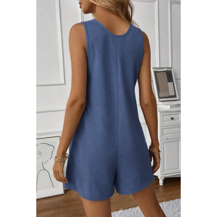 Kadın Omuz Askılı önden Düğmeli Waffle Kısa Tulum