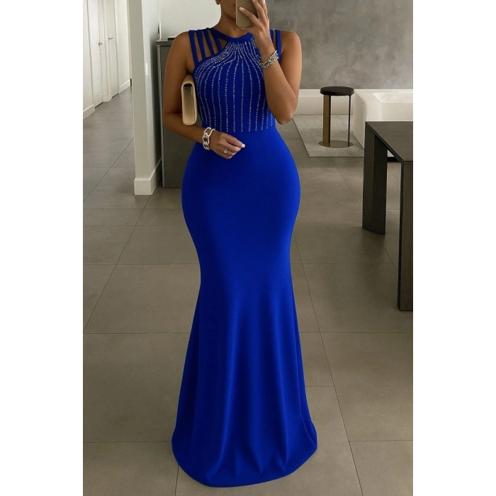 Kadın Omuz çoklu Askılı önü Taş Işlemeli Balık Kesim Janjan Krep Maxi Boy Elbise