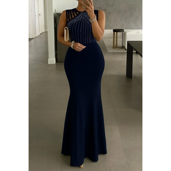 Kadın Omuz çoklu Askılı önü Taş Işlemeli Balık Kesim Janjan Krep Maxi Boy Elbise