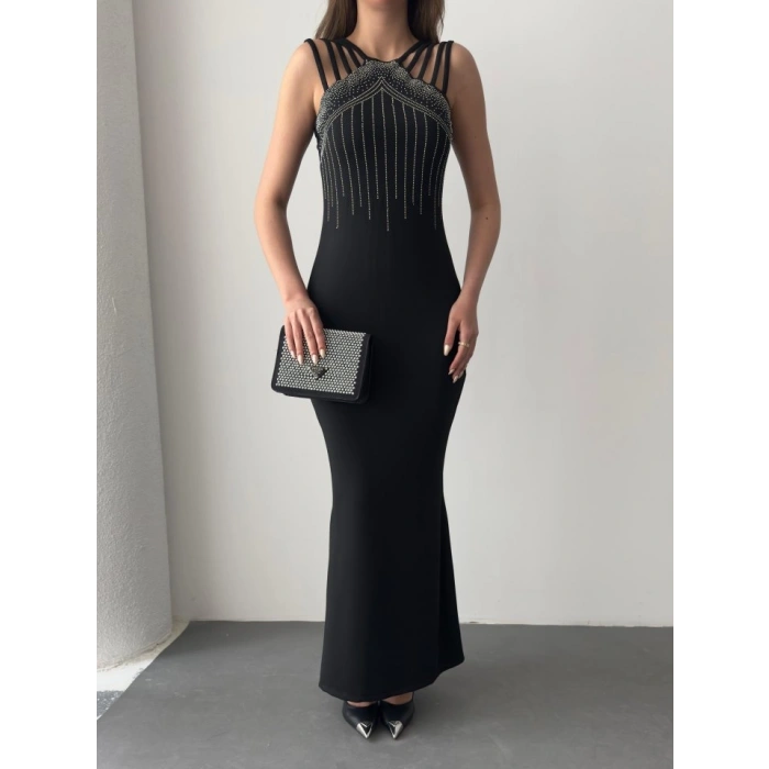 Kadın Omuz çoklu Askılı önü Taş Işlemeli Balık Kesim Janjan Krep Maxi Boy Elbise