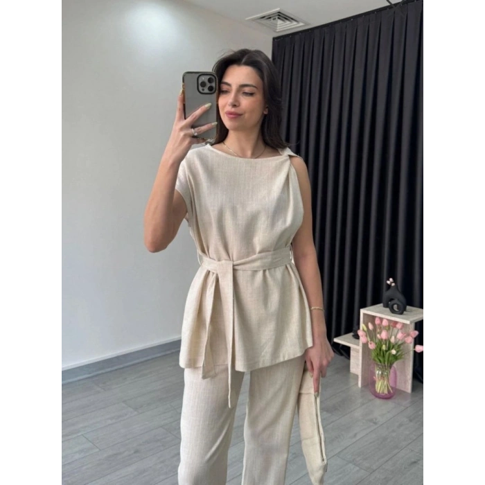 Kadın Omuz Detay Kuşak Dahil Bluz Ve Pantolon Keten Kumaş Ikili Takım